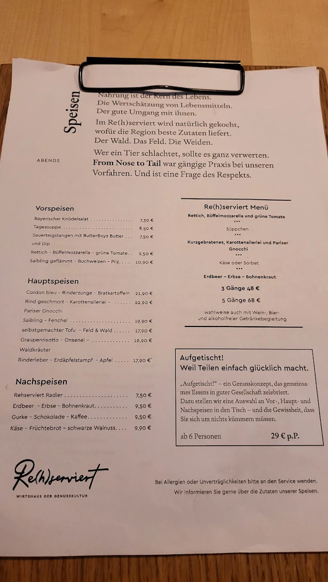 Speisekarte, Re(h)serviert - Wirtshaus der Genusskultur