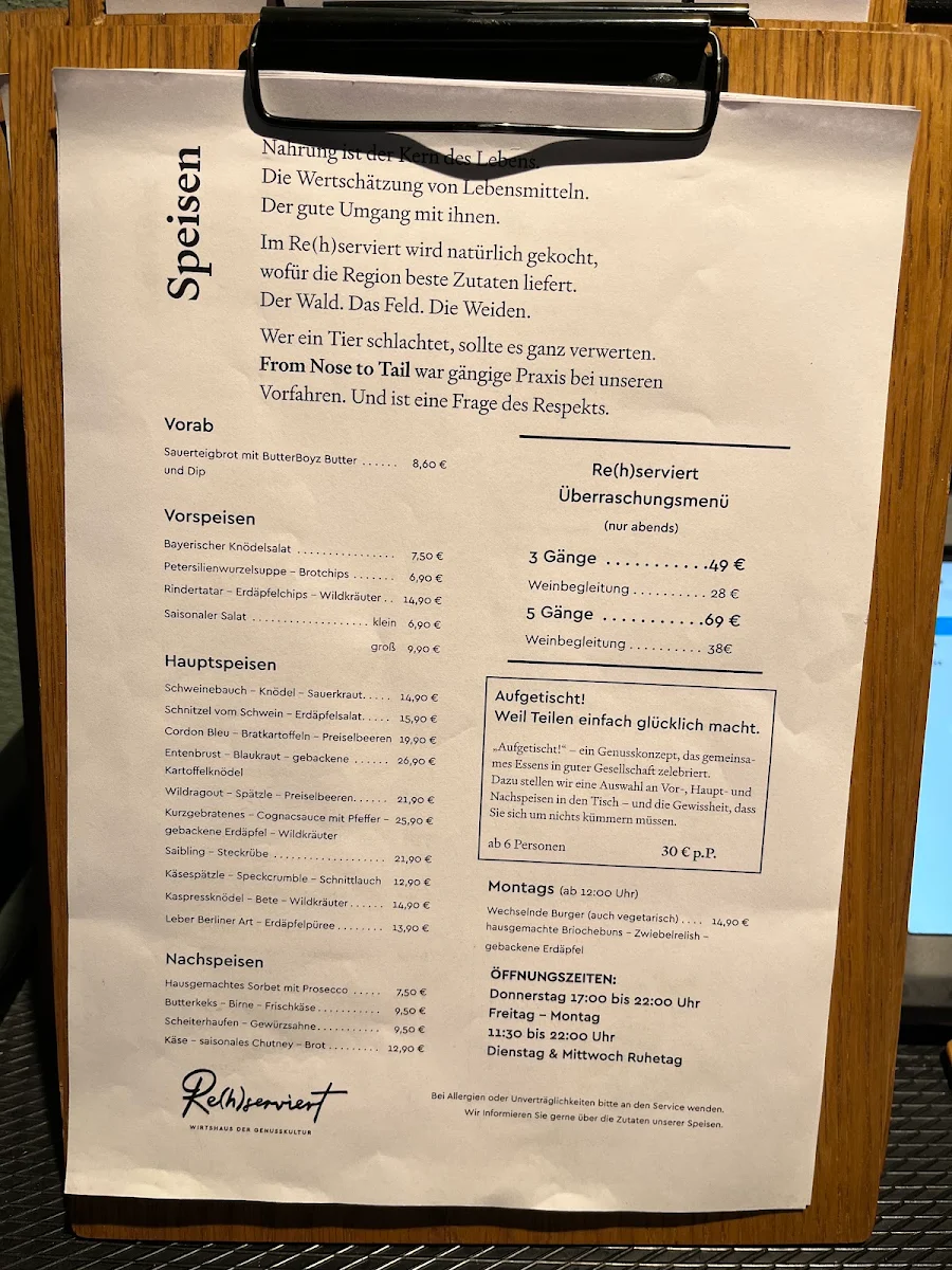 Speisekarte, Re(h)serviert - Wirtshaus der Genusskultur