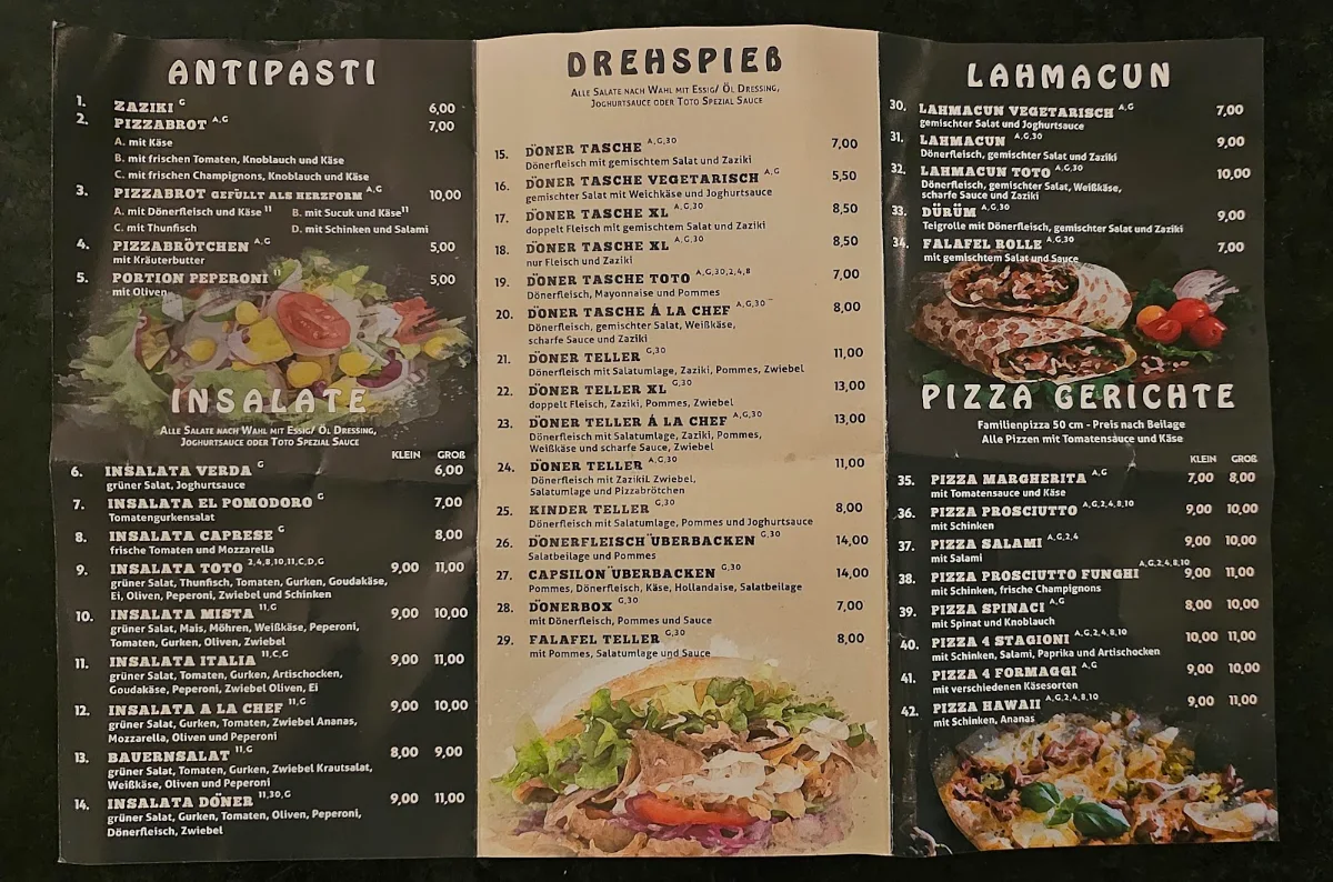 Speisekarte, Pizza Toto