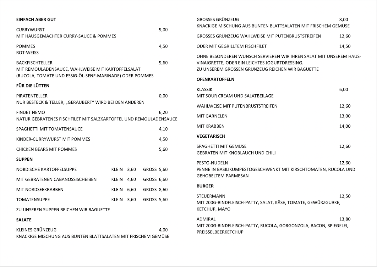 Speisekarte, Strandrestaurant