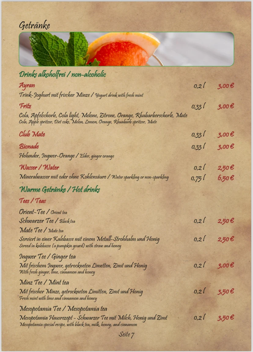 Speisekarte, Mesopotamia Restaurant
