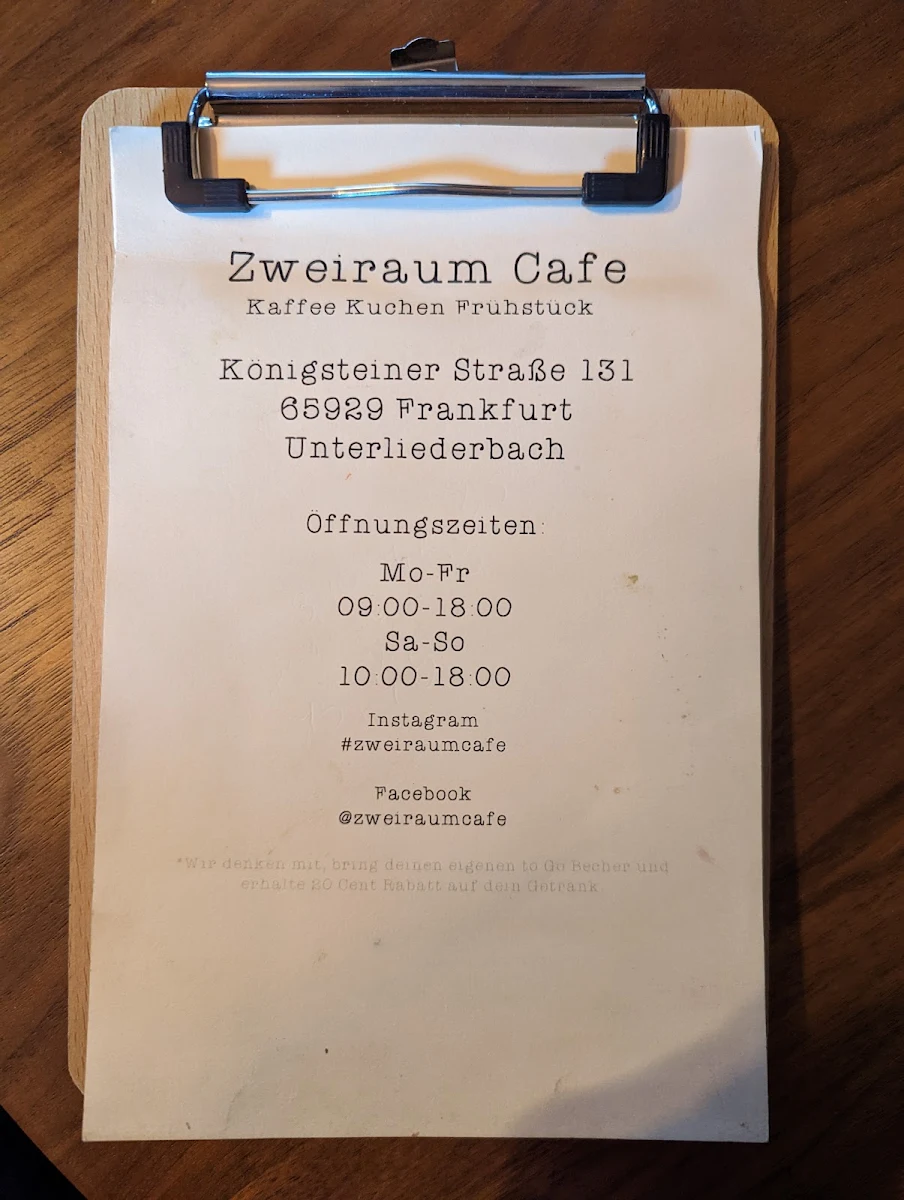 Speisekarte, Zweiraumcafe
