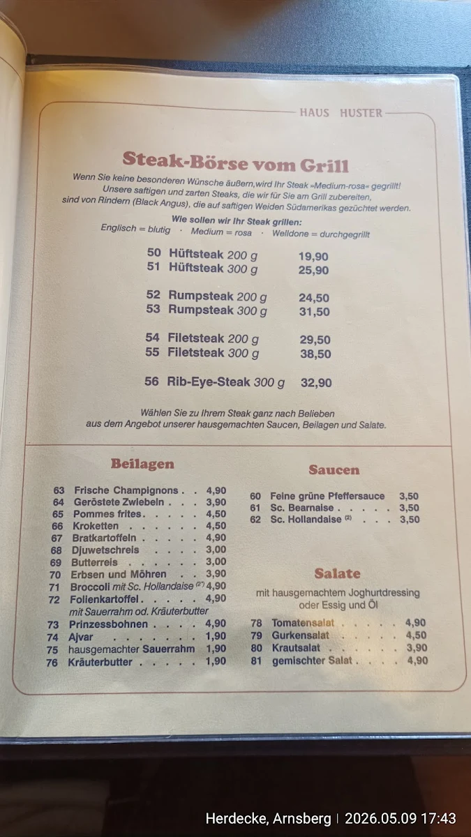 Speisekarte, Haus Huster