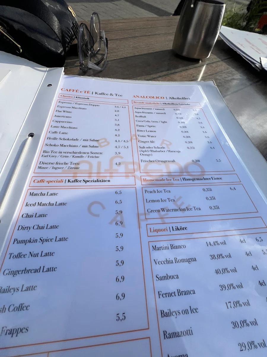 Speisekarte, Caffé Bar Alfredo