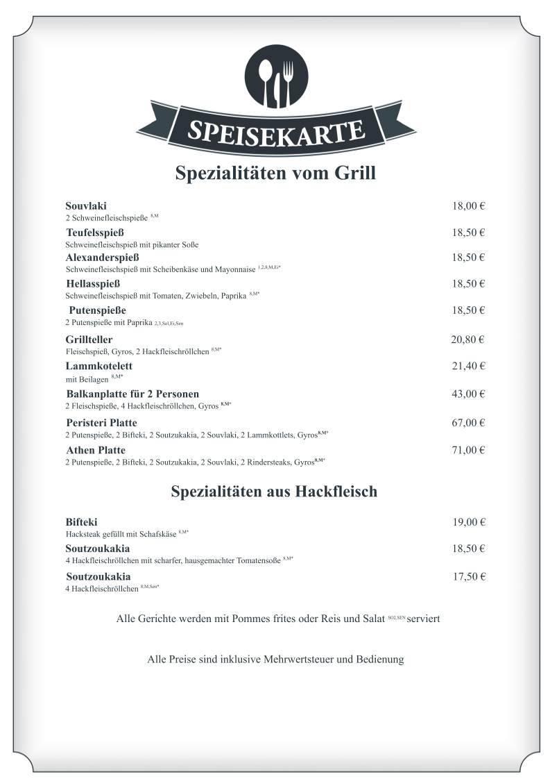 Speisekarte, Sportheimgaststätte Kusterdingen