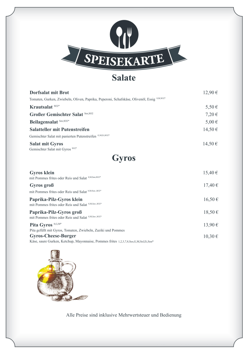 Speisekarte, Sportheimgaststätte Kusterdingen