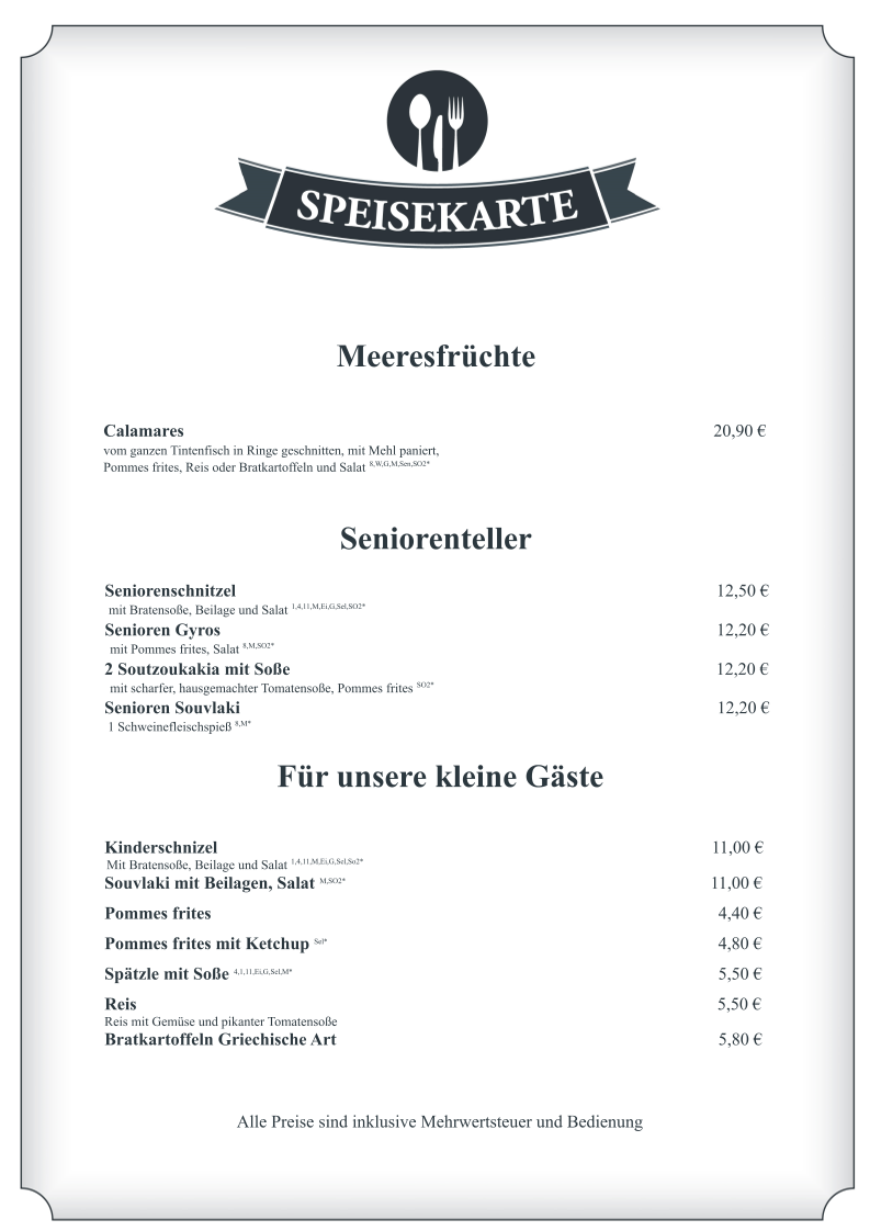 Speisekarte, Sportheimgaststätte Kusterdingen
