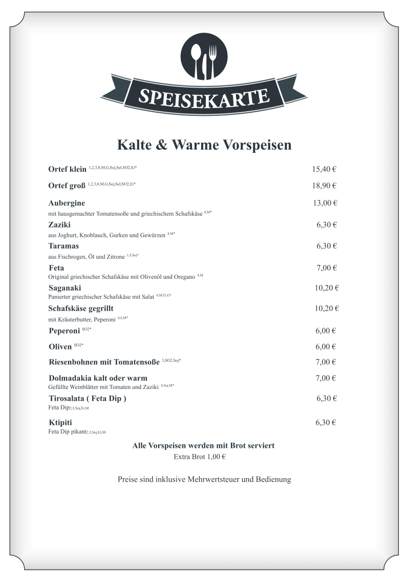 Speisekarte, Sportheimgaststätte Kusterdingen