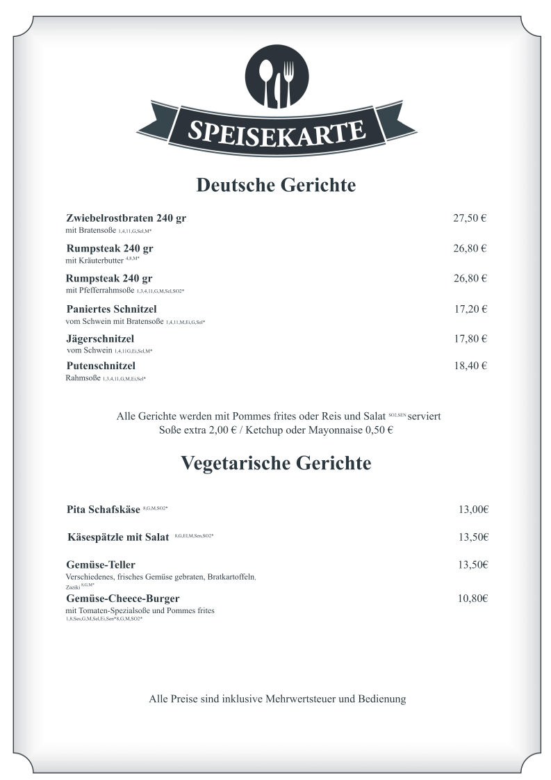 Speisekarte, Sportheimgaststätte Kusterdingen