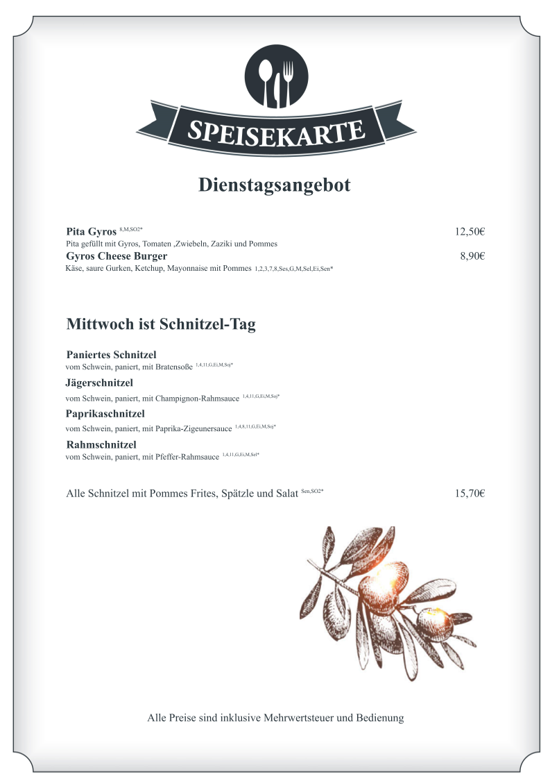 Speisekarte, Sportheimgaststätte Kusterdingen