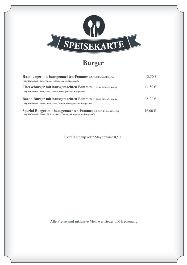 Speisekarte, Sportheimgaststätte Kusterdingen