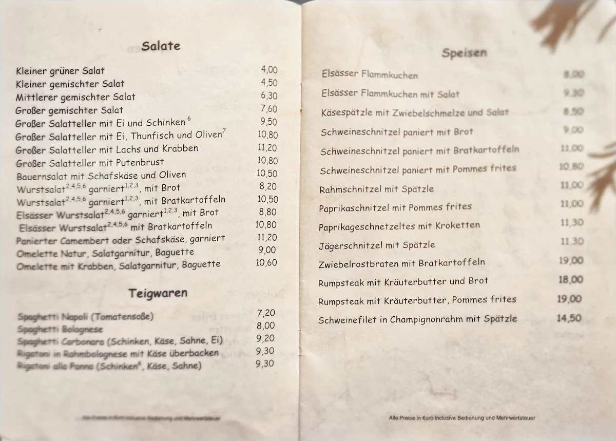 Speisekarte, Jägerhaus