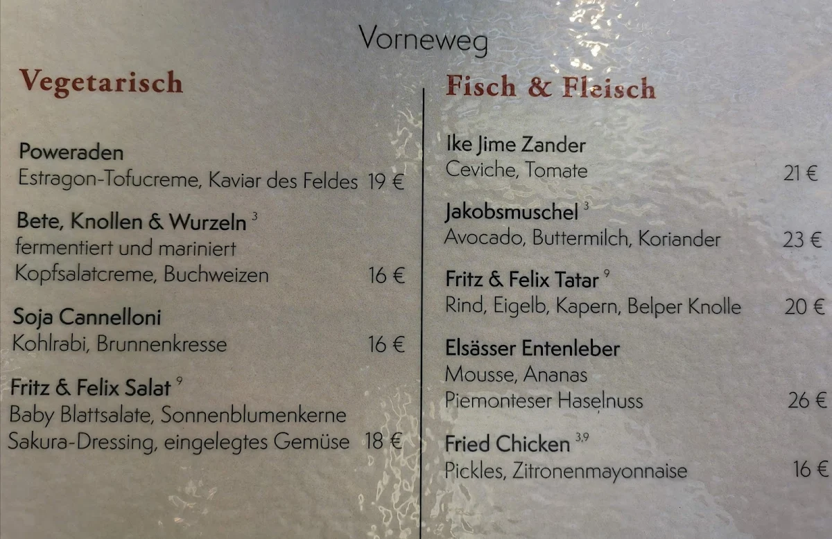 Speisekarte, Fritz & Felix