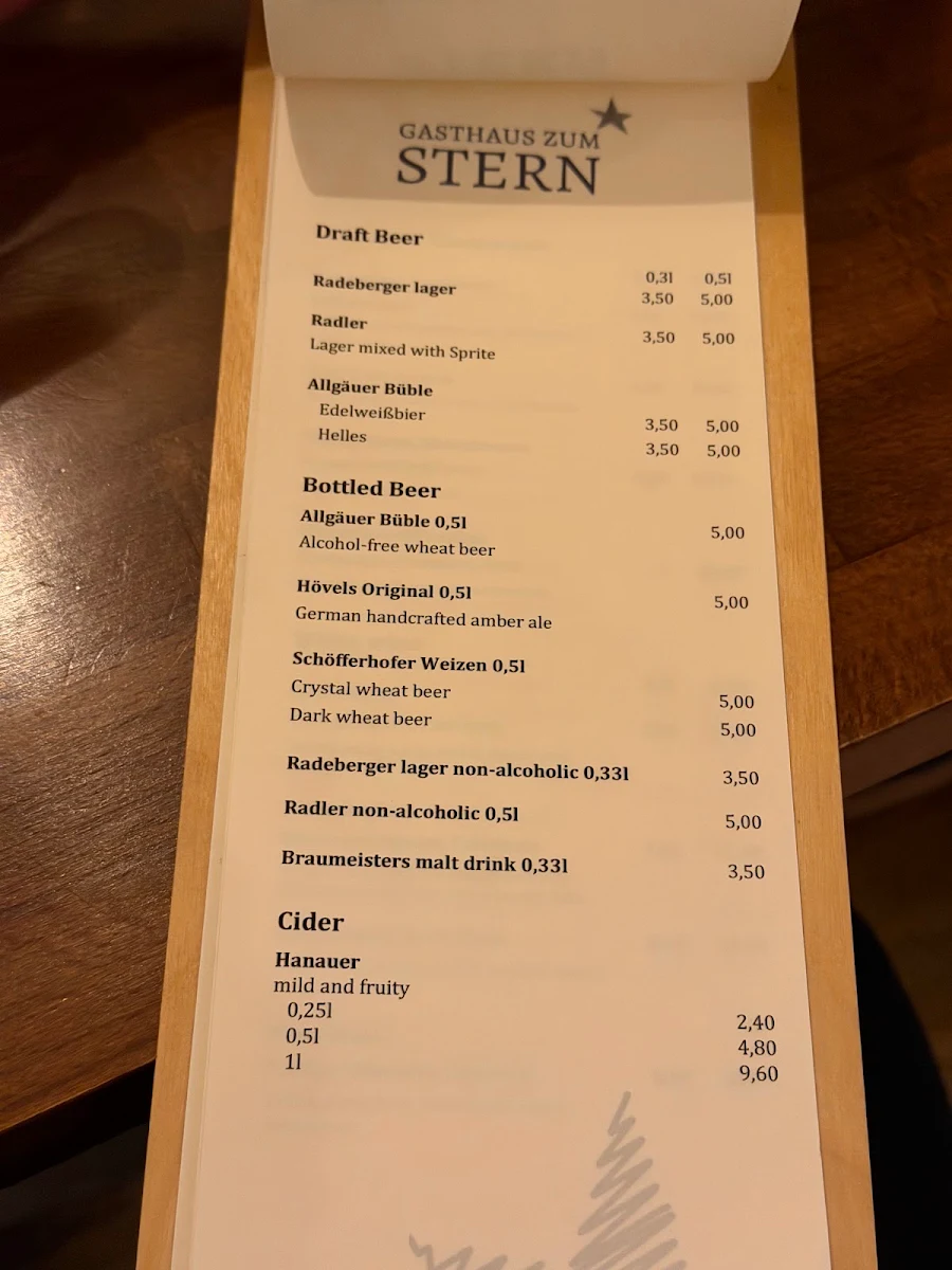 Speisekarte, Gasthaus Zum Stern