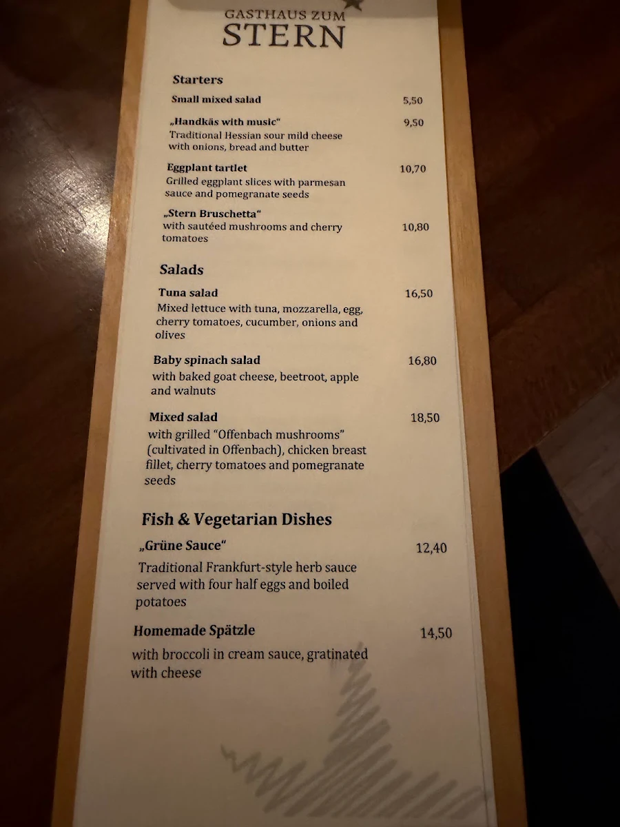 Speisekarte, Gasthaus Zum Stern