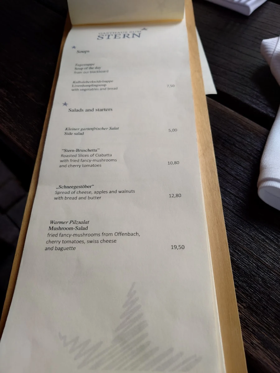 Speisekarte, Gasthaus Zum Stern