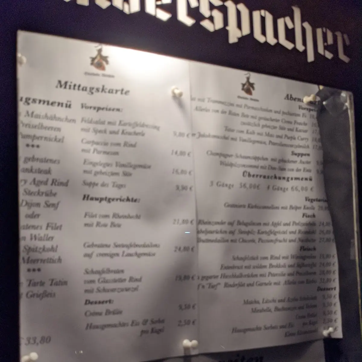 Speisekarte, Restaurant Oberländer Weinstube