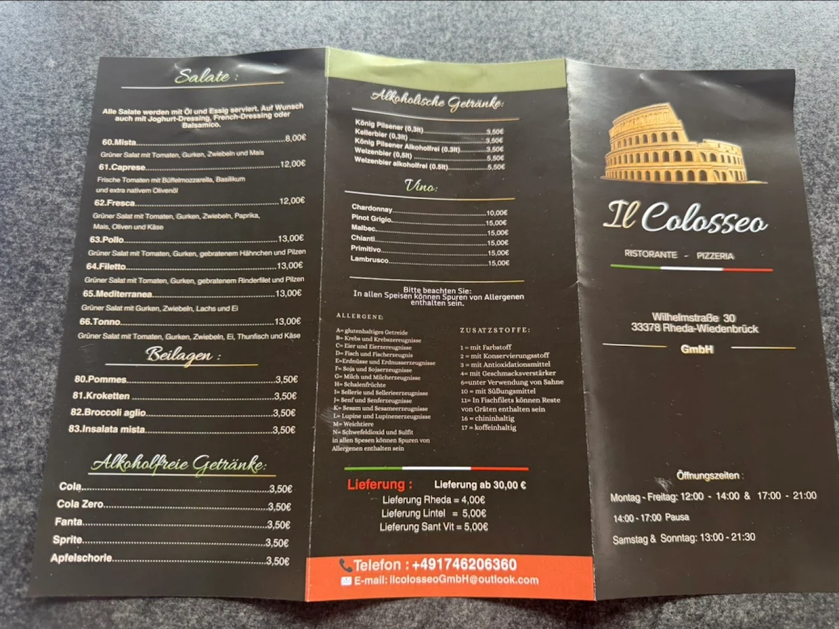 Speisekarte, Il Colosseo Restaurant