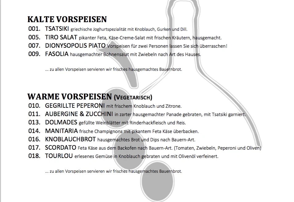 Speisekarte, DIONYSOPOLIS