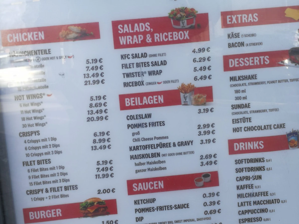 Speisekarte, Kentucky Fried Chicken