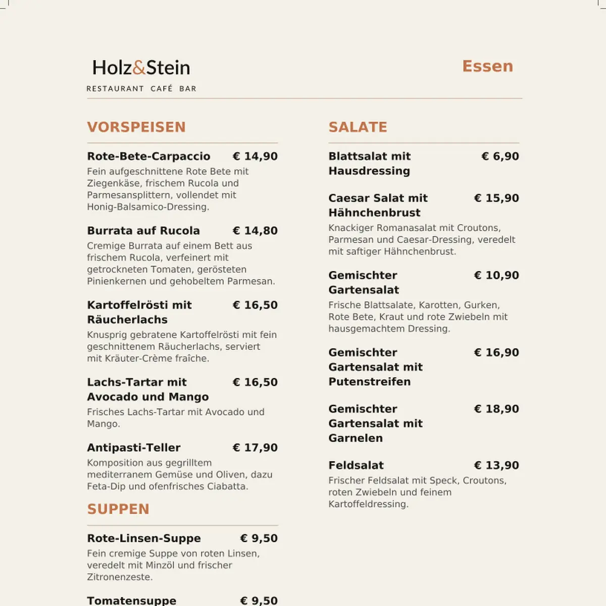 Speisekarte, Holz & Stein Restaurant Café Bar