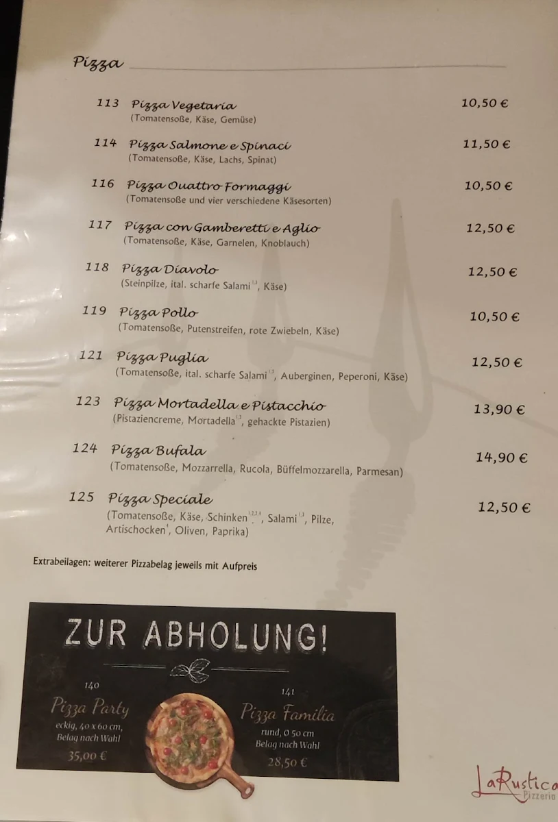 Speisekarte, La Rustica Pizzeria & Ristorante - Giampiero Pelli