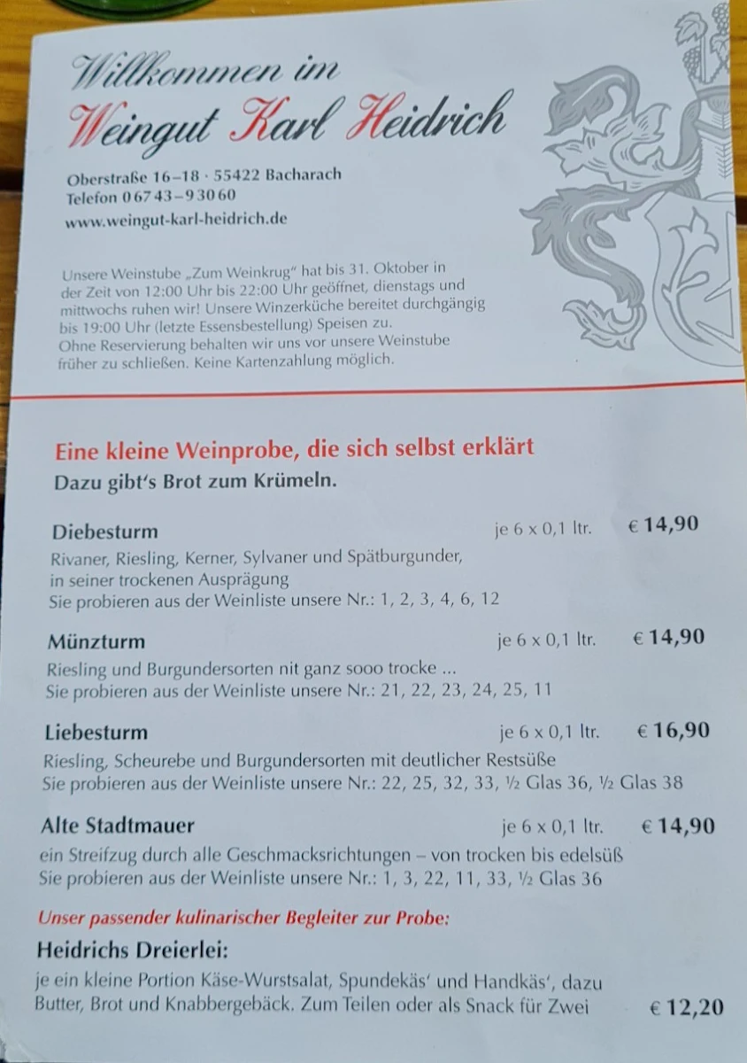 Speisekarte, Weingut Karl Heidrich