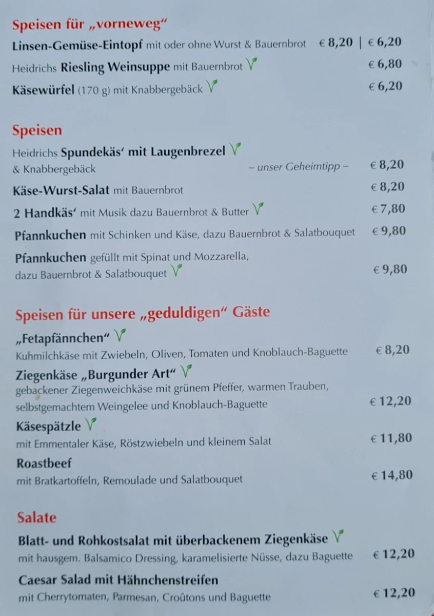 Speisekarte, Weingut Karl Heidrich