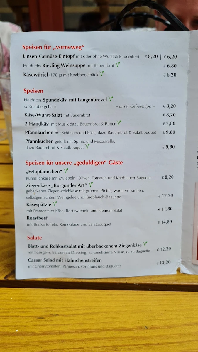 Speisekarte, Weingut Karl Heidrich