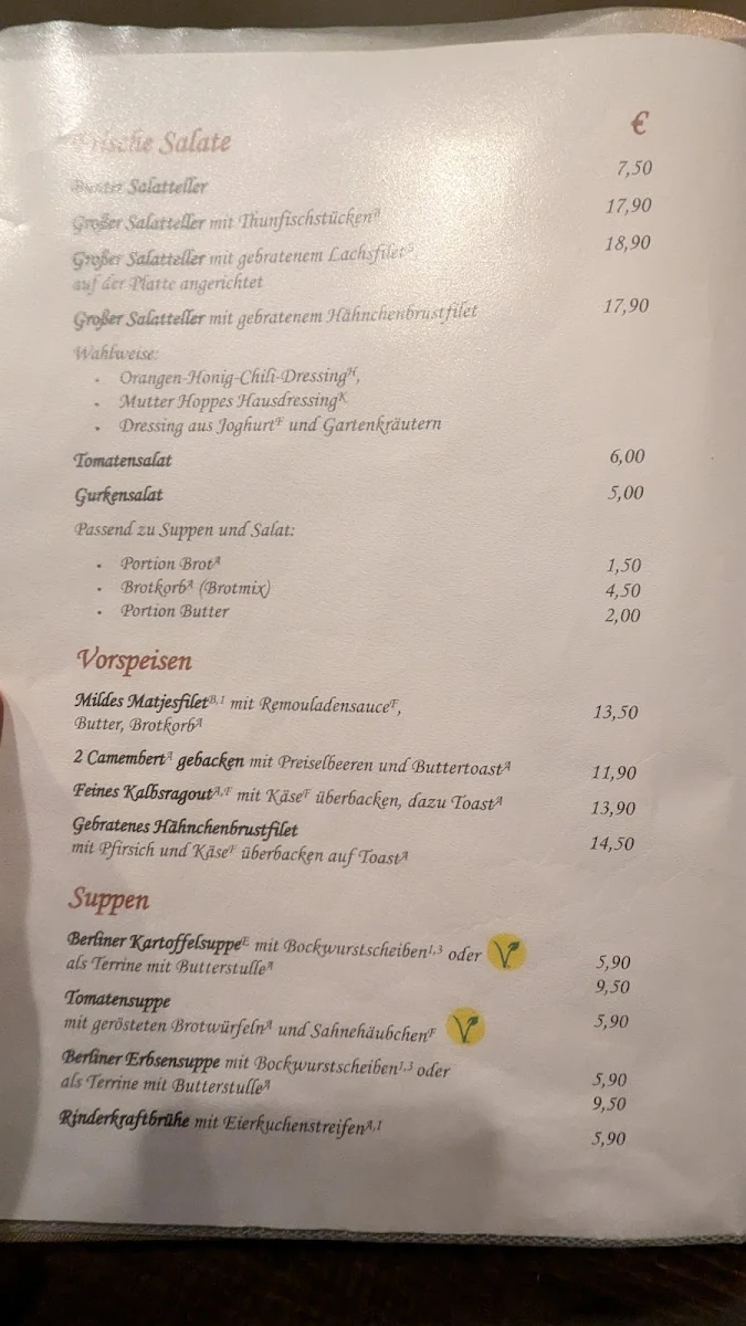 Speisekarte, Mutter Hoppe