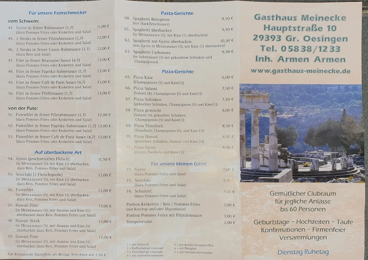 Speisekarte, Gasthaus Meinecke