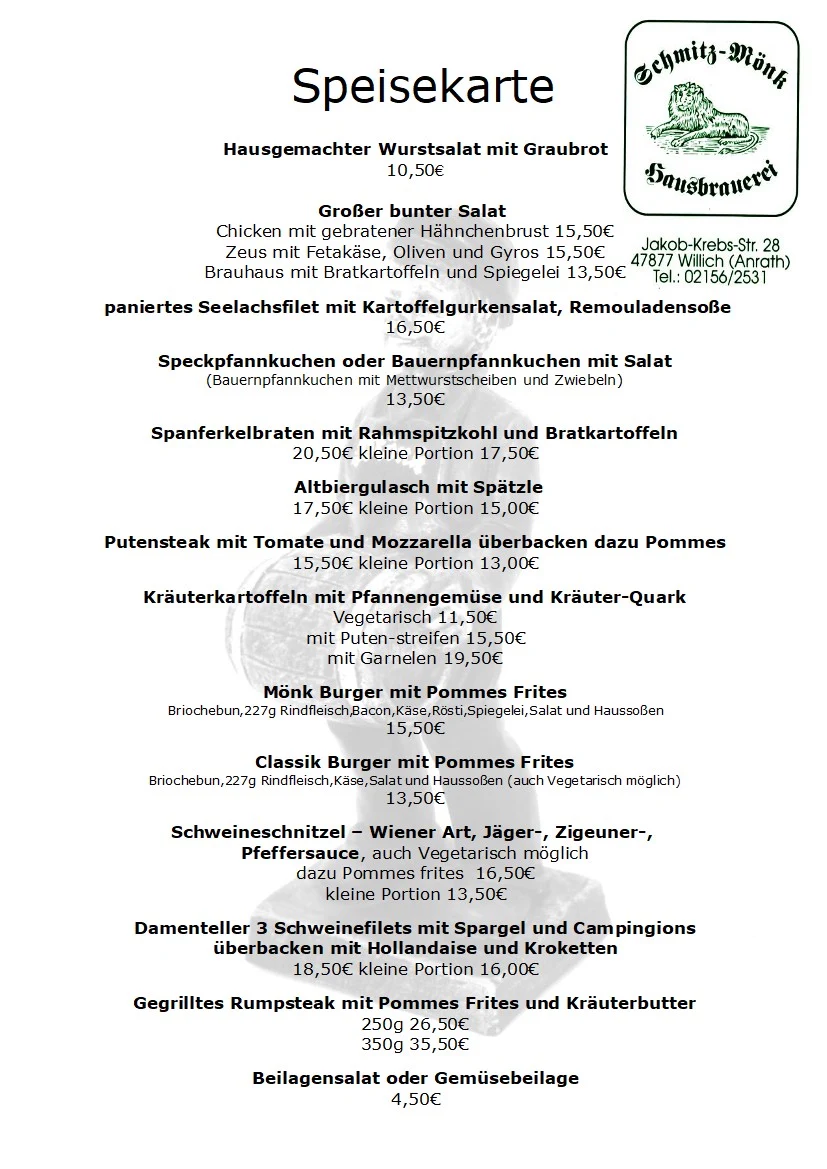 Speisekarte, Hausbrauerei Schmitz Mönk