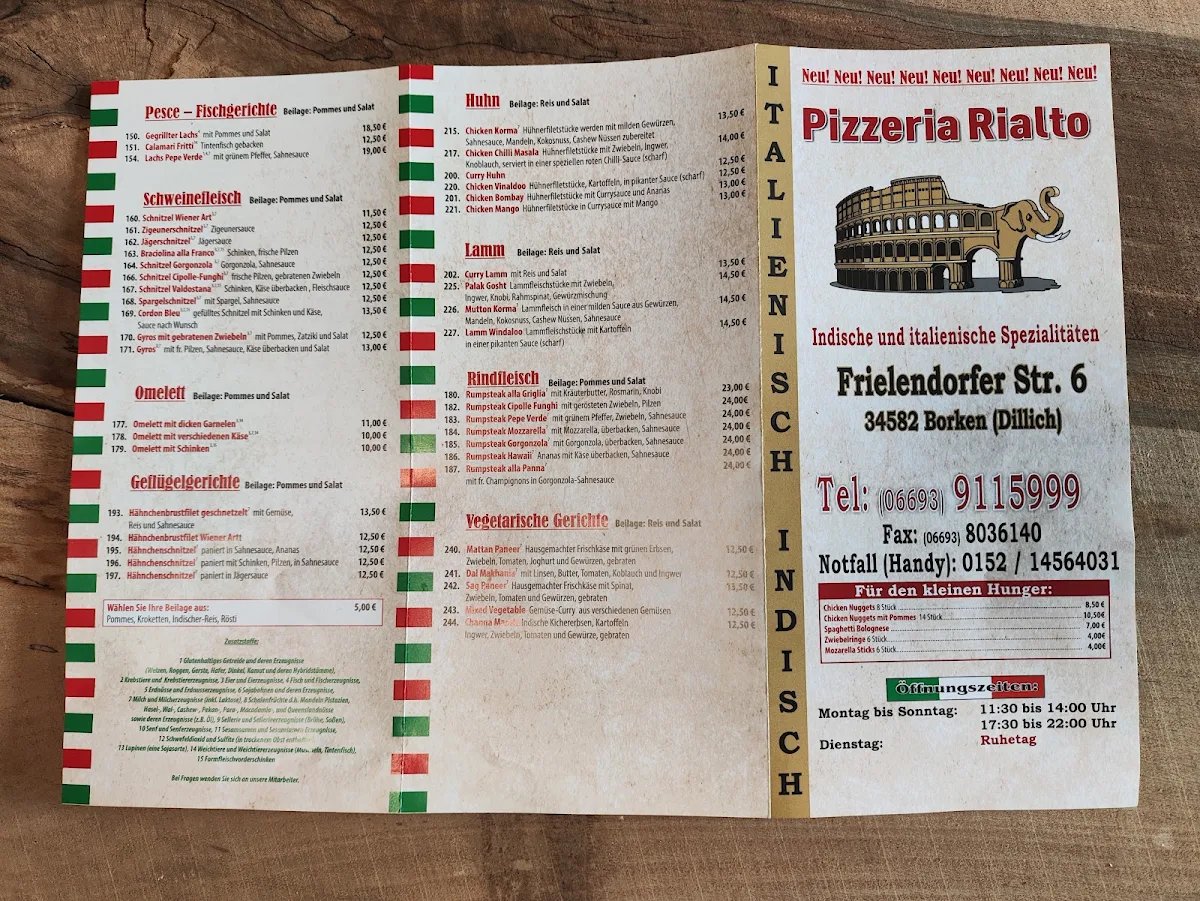 Speisekarte, Pizzeria Rialto