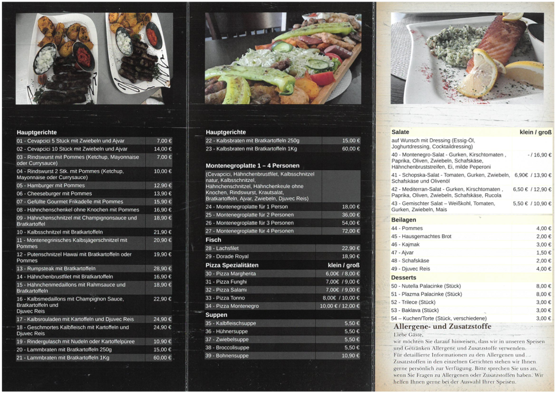 Speisekarte, MONTENEGRO Grill Bar