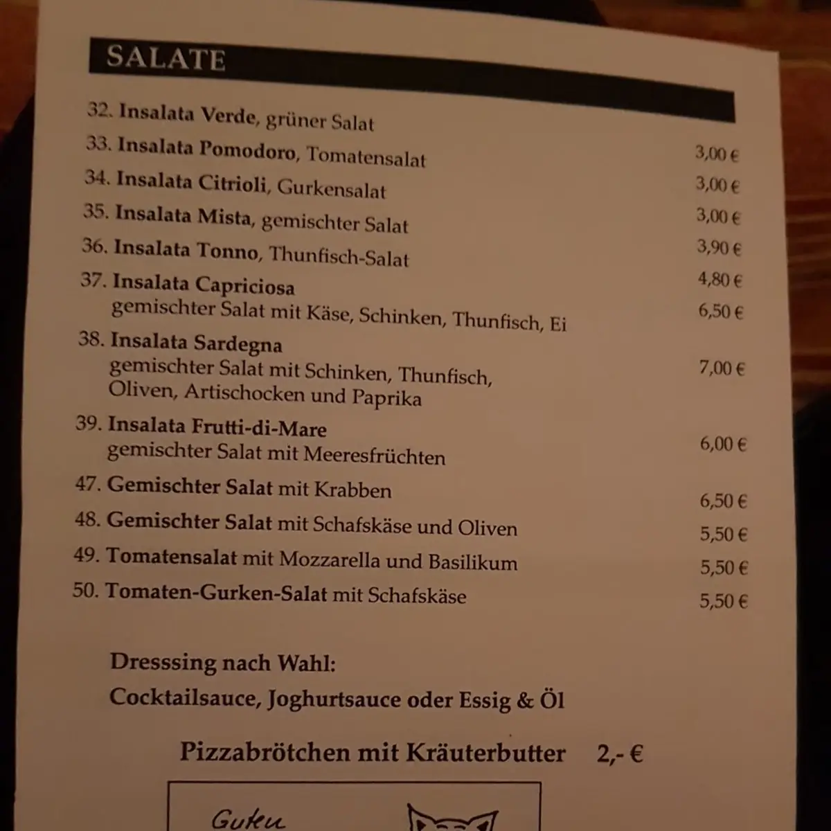 Speisekarte, Pizzeria Sardegna