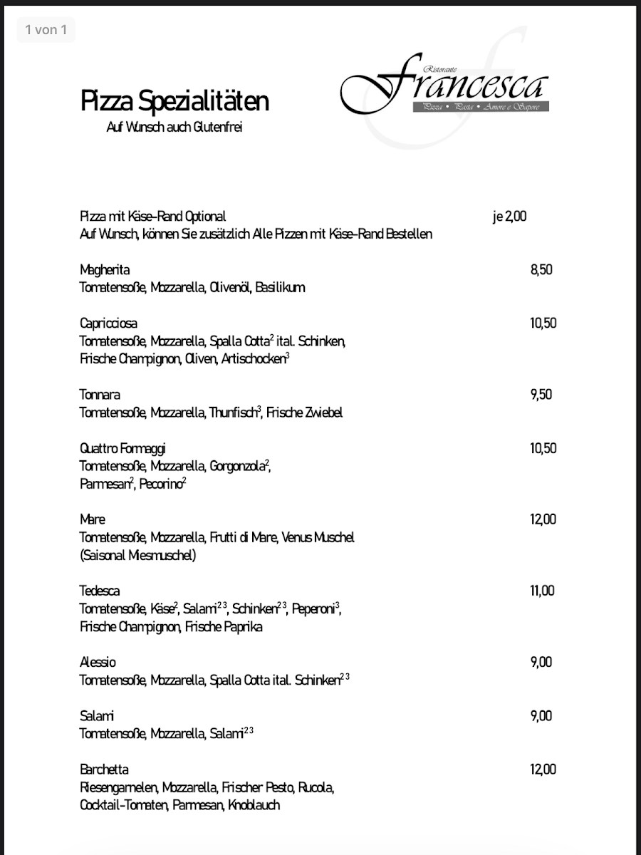 Speisekarte, Ristorante & Pizzeria Francesca Kronach