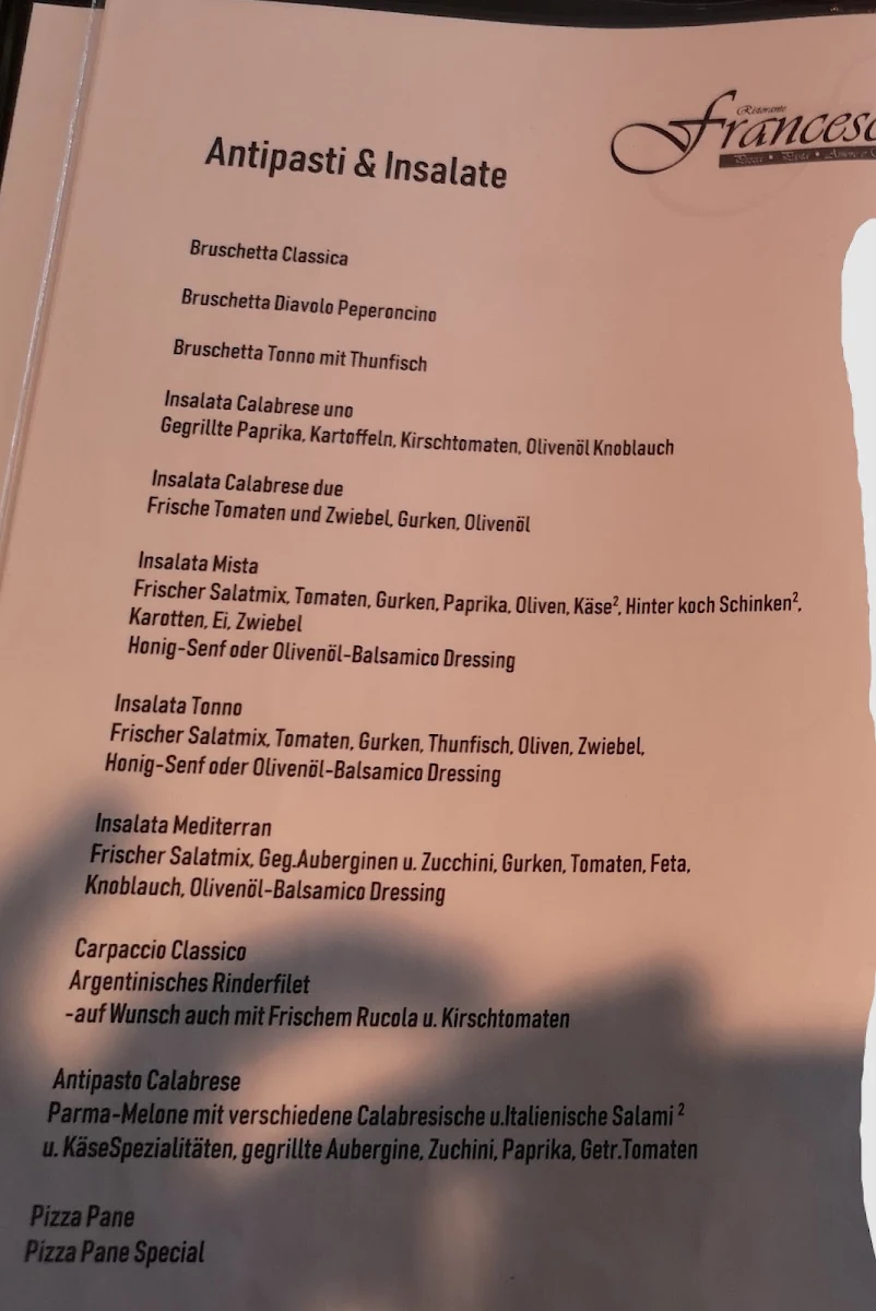 Speisekarte, Ristorante & Pizzeria Francesca Kronach