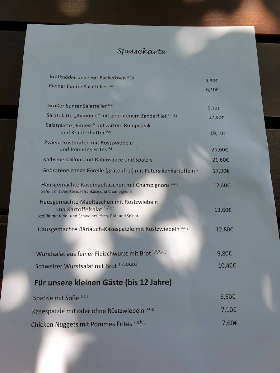 Speisekarte, Aymühle Fischerstüble - Bettina Dreher