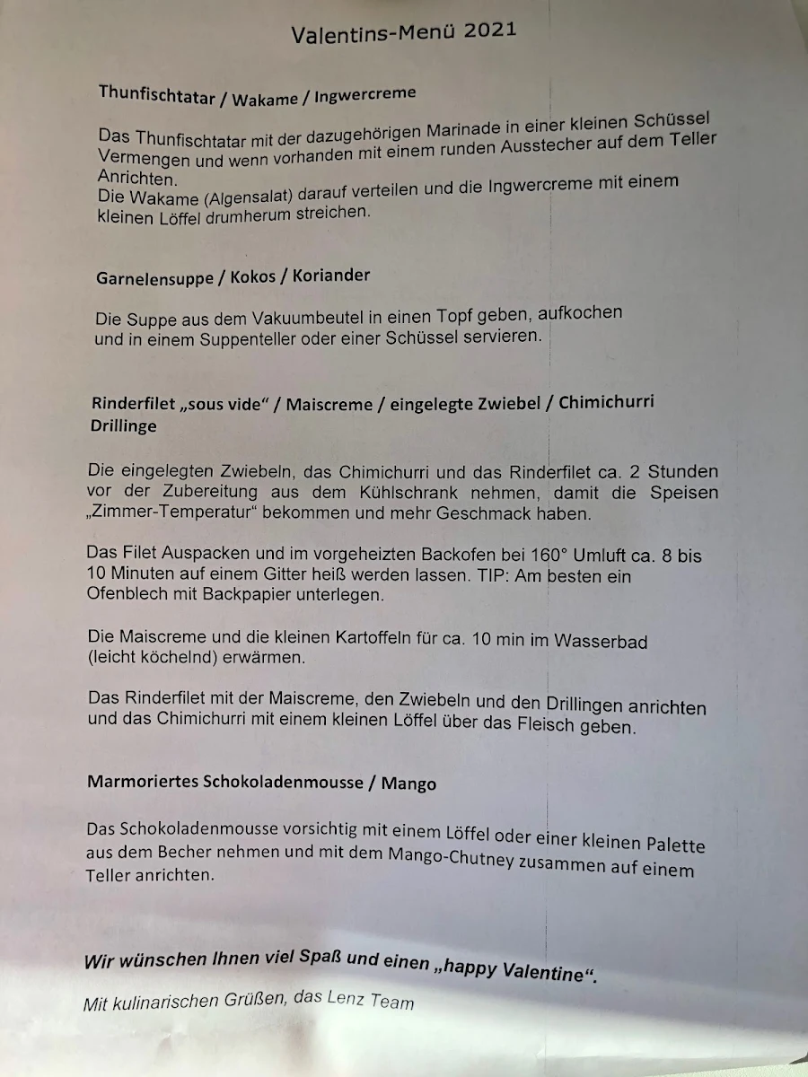 Speisekarte, Lenz Restaurant
