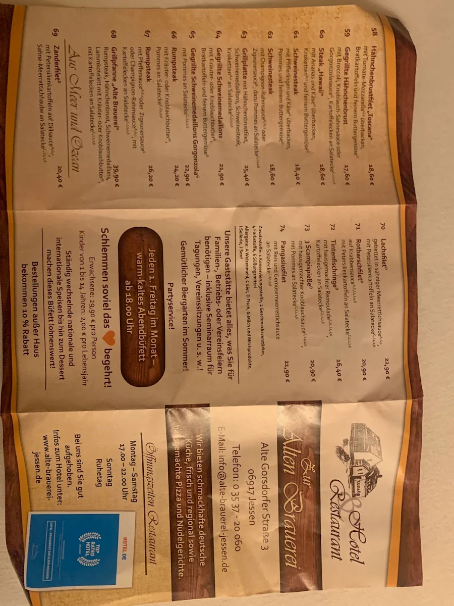 Speisekarte, Hotel Restaurant "Zur Alten Brauerei"