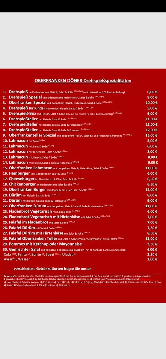 Speisekarte, Oberfranken Döner
