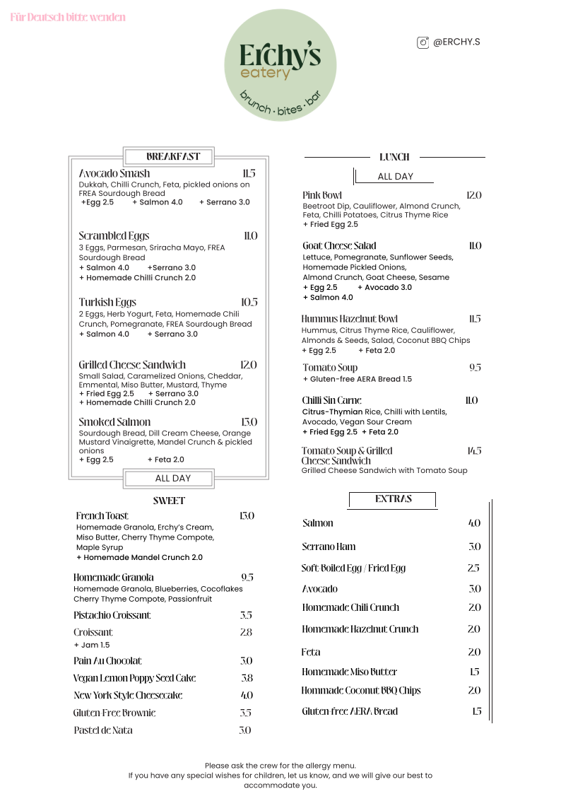 Speisekarte, Erchy's Eatery - Brunch, Bites, Bar