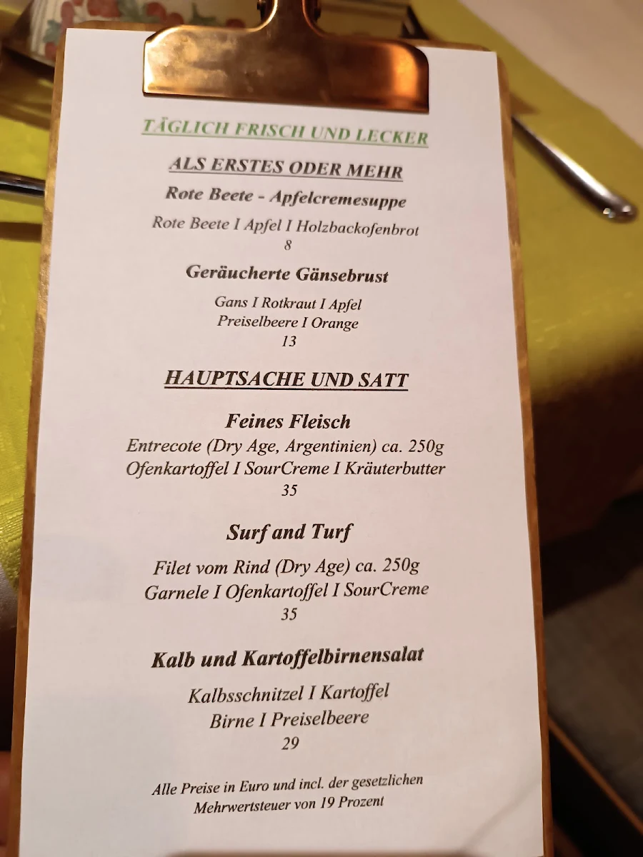 Speisekarte, Hotel und Restaurant "Zur Goldenen Kartoffel"