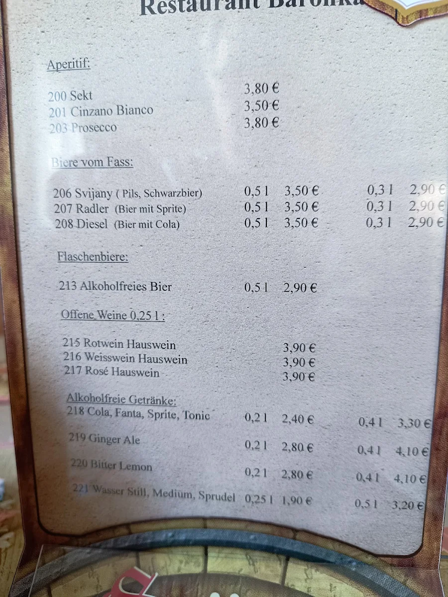 Speisekarte, Restaurant Baronka