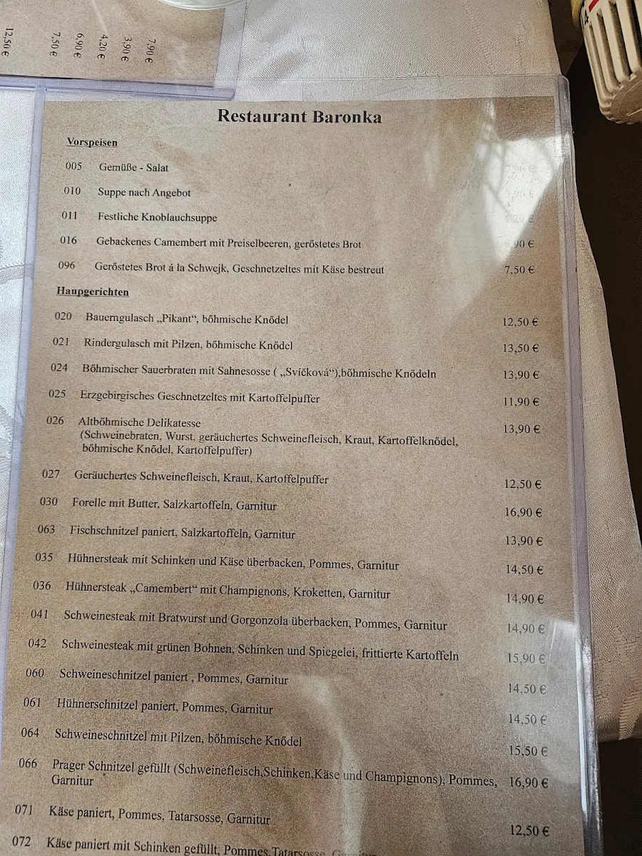 Speisekarte, Restaurant Baronka