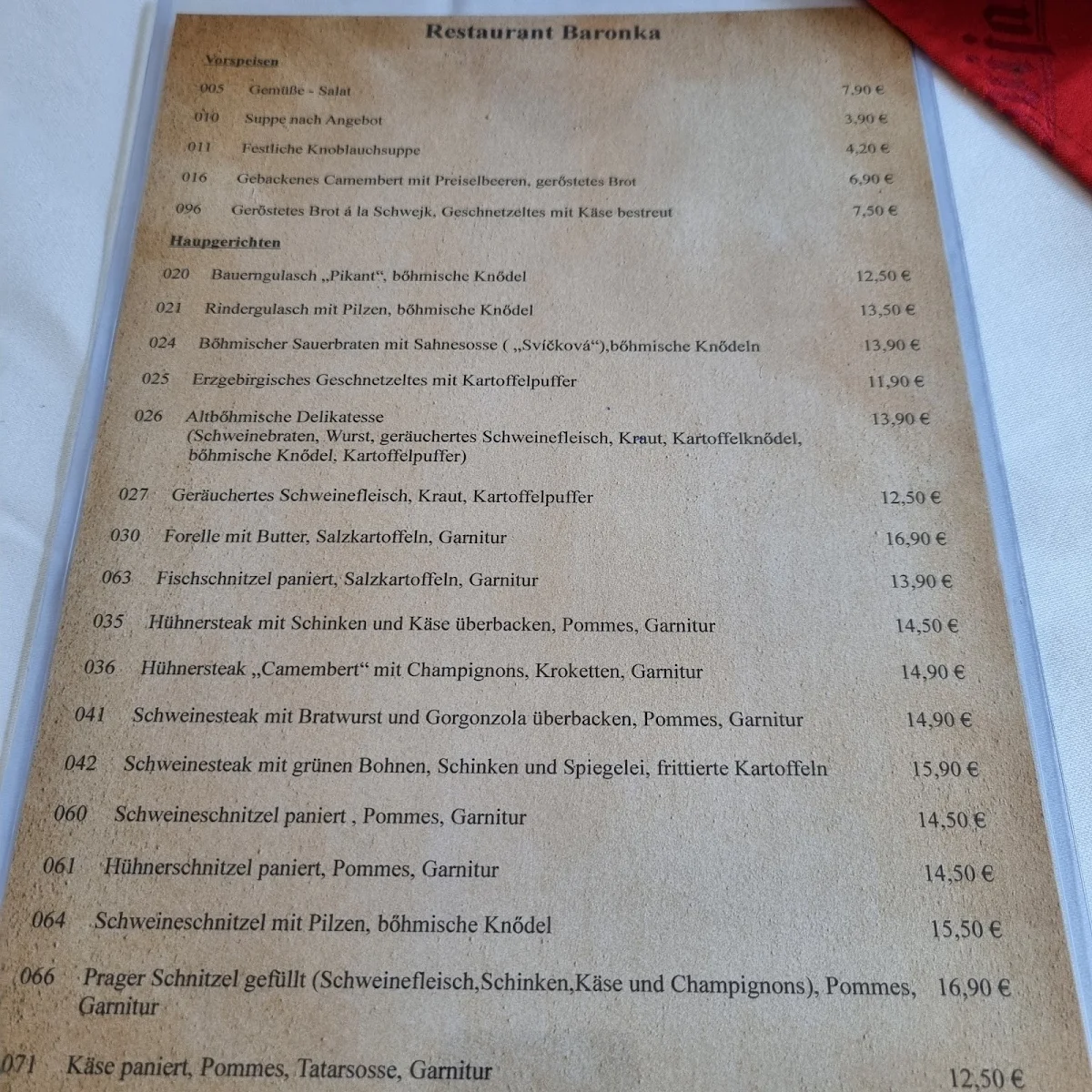Speisekarte, Restaurant Baronka