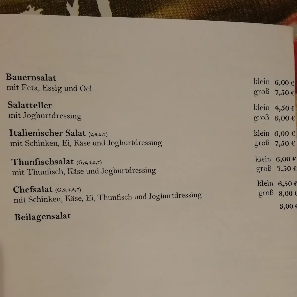Speisekarte, Mara’s Marktschänke