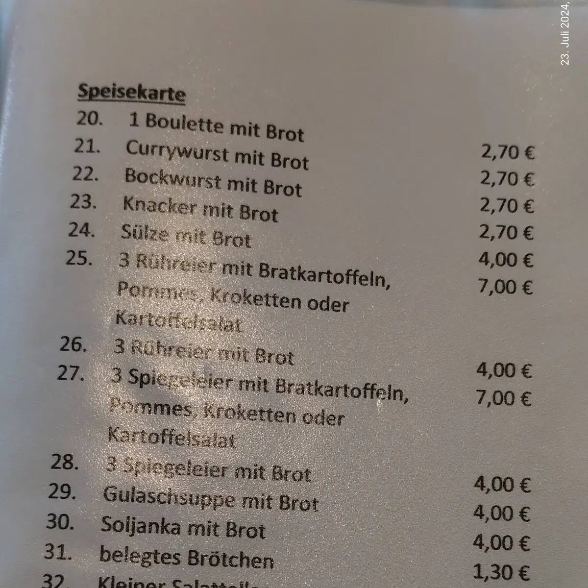 Speisekarte, Gaststätte Schröder