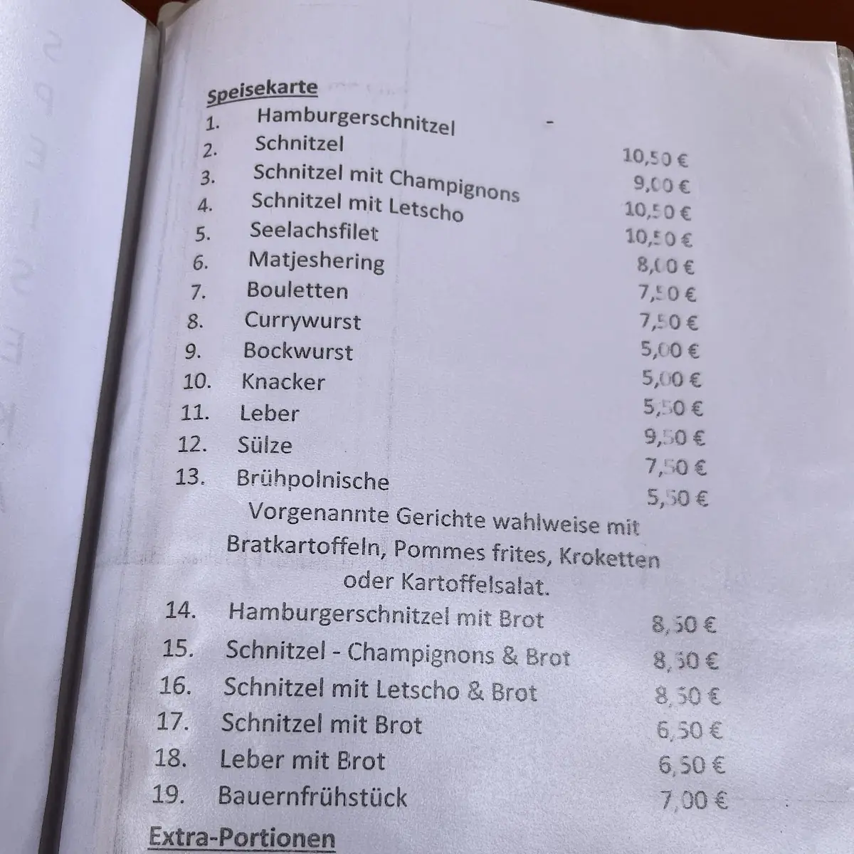 Speisekarte, Gaststätte Schröder
