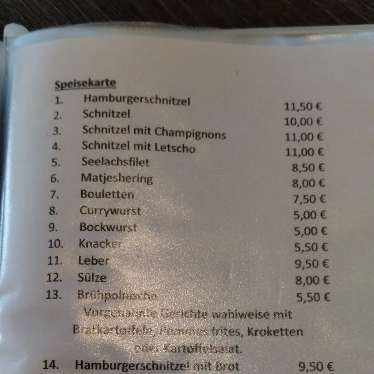 Speisekarte, Gaststätte Schröder